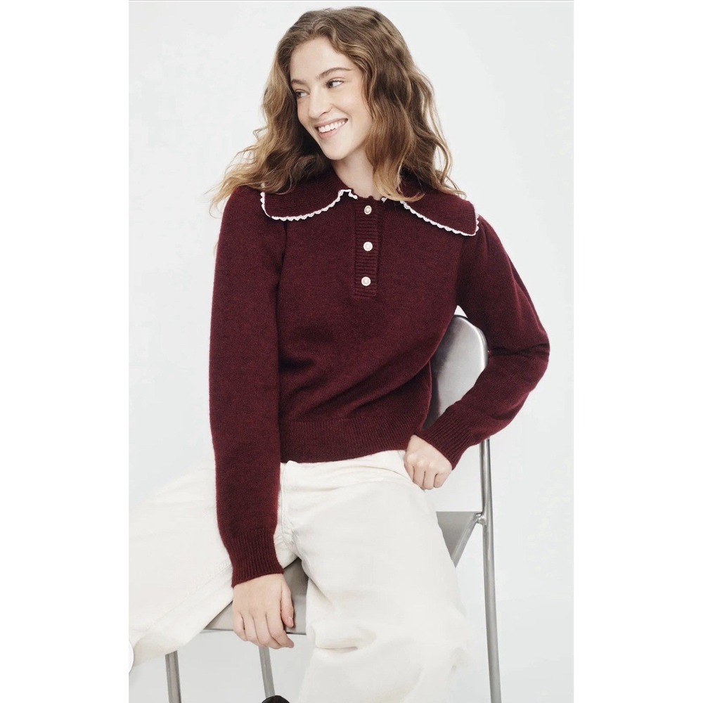 Layered With Love Contrast Collar Pullover Sweater Burgundy Size Large